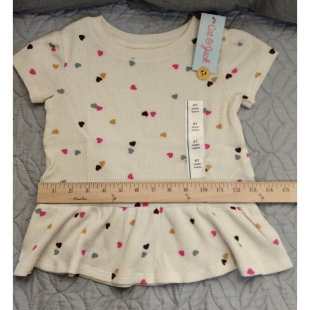 NWT, Cat & Jack Girls 4T Drop-Waist Shirt, Cream With Mini Colored Hearts - Picture 6 of 9